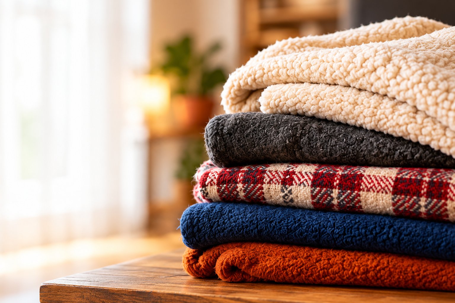 A stack of folded warm blankets on a wooden table